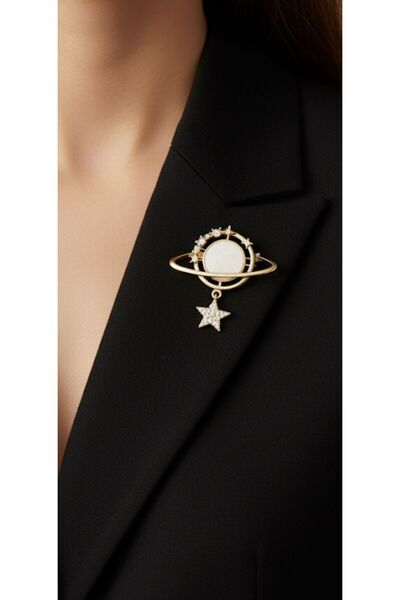bettin tasarım Altın Renk Gezegen ve Yıldız Taş Detaylı Kadın Broş Zarif Parlak Taşlı Şık Aksesuar