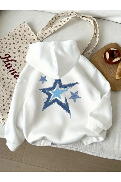 buendiakids Kız\Erkek Çocuk Beyaz Kot Yıldız Sırt Ve Ön Baskılı Kapuşonlu Swe...