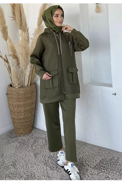 Calvino 💚   Quilted Detailed Zippered Khaki Sports Suit