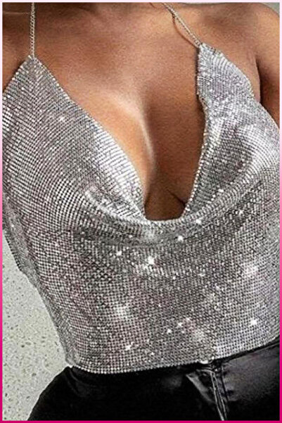 Veille Κρυστάλλινο ασημί πέτρινο λαμπερό κορμάκι & μπλούζα χωρίς μανίκια με λαιμόκοψη για πάρτι στην παραλία