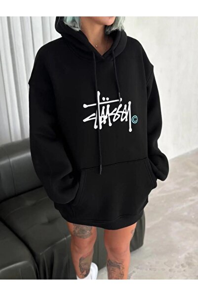 ALPACO Φούτερ με στάμπα με κουκούλα με τρεις κλωστές - Μαύρο