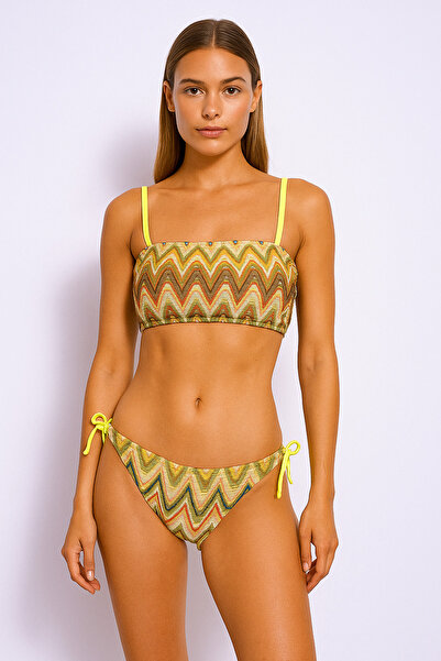 Avoria Neon Detaylı Renkli Zigzag Desenli Askılı Bandeau Bikini Takımı