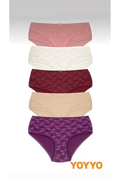 YOYYO Chiloți pentru femei Battal, pachet de 5 Lenjerie de corp din bumbac Lenjerie pentru femei - Lenjerie pentru femei cu detaliu din dantelă din bumbac
