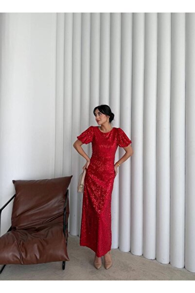 mafdress Women's Balloon Sleeve Red Sequin Evening Dress