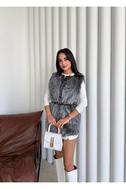 mafdress Women's Gray Lined Plush Vest with Belt Detail