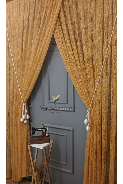 farbateks Mustard Yellow Broken Glass Right and Left Topcuklu Double-Breasted 3-Layer Pleated Tulle