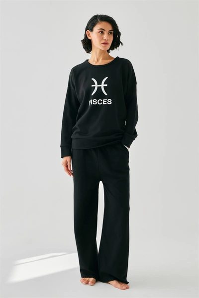 ALFA AKSESUAR 03 Clothing Women Black Pisces Oversized 2 Thread Tracksuit Home Wear Set