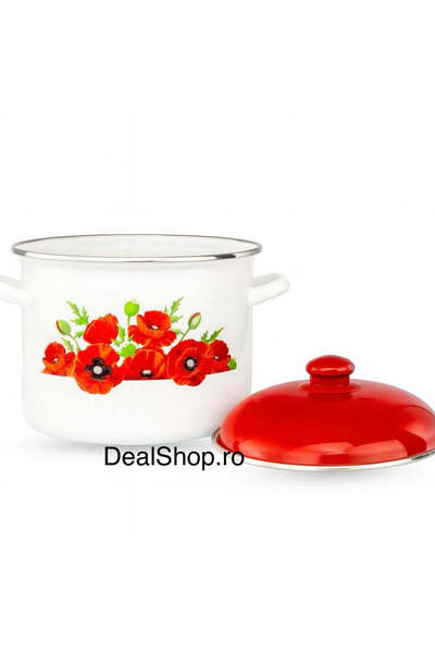 Arian Enamelled pot with red lid and poppy pattern, 24 cm, 8.2 L, durable and elegant for cooking