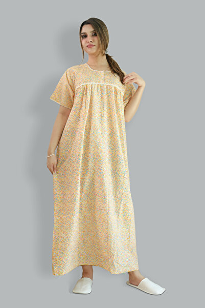 Comfort Over Everything قميص نوم قطني أصفر مطبوع - رقبة دائرية من الدانتيل