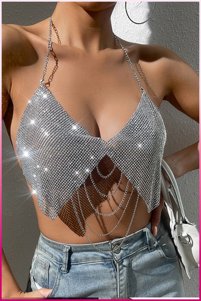 PERLMUTT Top de petrecere cu guler cu lanț cu model de piatră argintie și bluză de noapte pentru femei