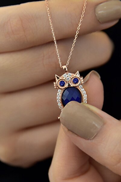 Flamingo 925 Ayar Gümüş Rose Altın Kaplama Lacivert Göz His Taşı Baykuş Kolye
