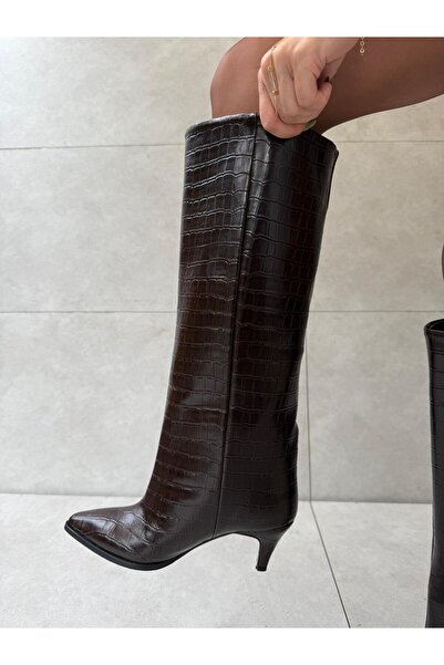 Elvinin Tarzı Jules Acı Kahve Croco XL Kesim İnce Topuklu Çizme