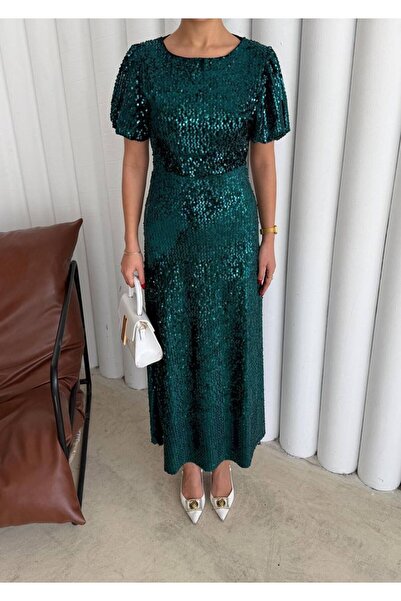 mafdress Women's Balloon Sleeve Emerald Green Sequin Evening Dress