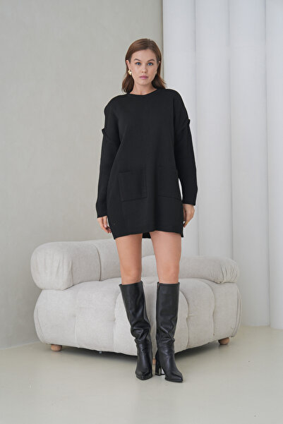 MAMAYAGA Women's Long Sleeves Self Textured Crew Neck Tunic Oversized Stylish Winter Knitwear Sweater Dress with Pockets