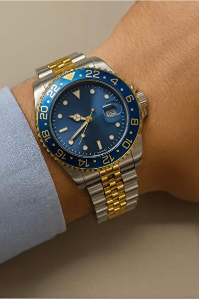 Love The Wind Sports Men's Wristwatch with Calendar - Silver Gold Band & Blue Dial