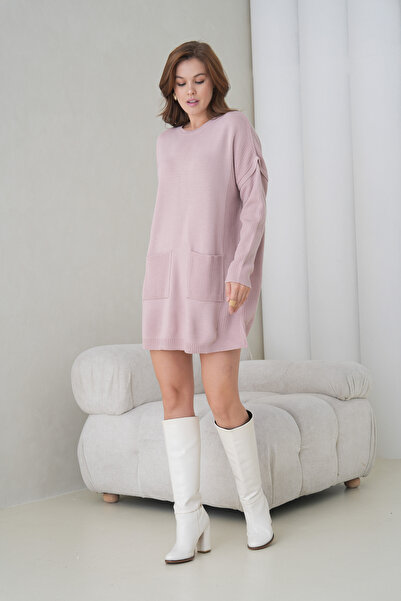 MAMAYAGA Women's Long Sleeves Self Textured Crew Neck Tunic Oversized Stylish Winter Knitwear Sweater Dress with Pockets