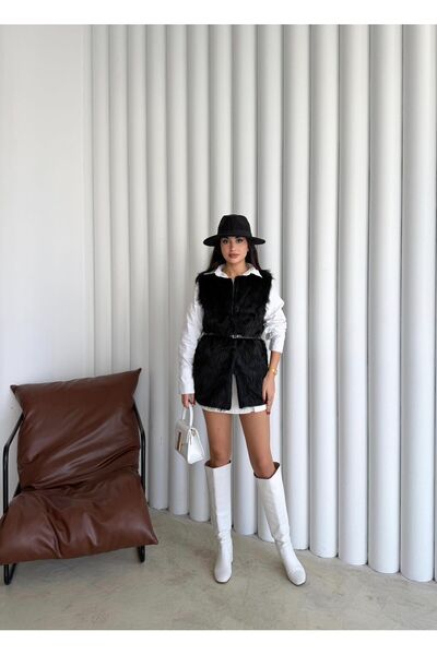 mafdress Women's Black Lined Plush Vest with Belt Detail