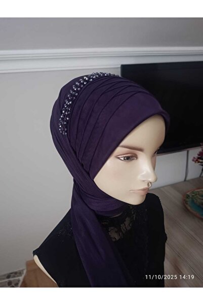 BERKE TUHAFIYE AKSESUAR Aksesuarlı Mor Önü Eşarp Tipi Arkası Şal Modeli Hazır...