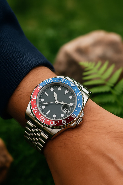 Love The Wind Sports Men's Wristwatch with Calendar - Silver Band & Blue Red