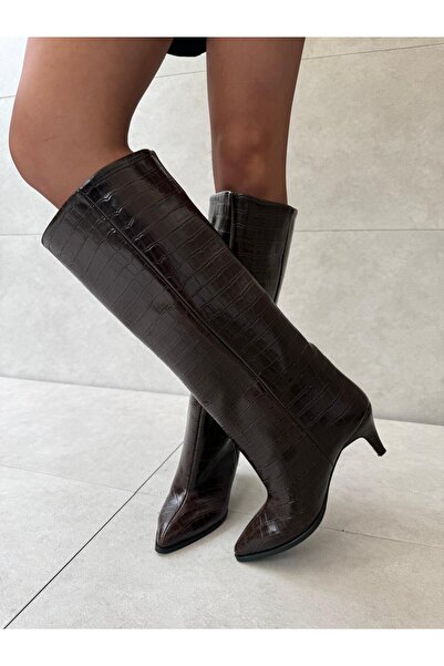 Elvinin Tarzı Jules Acı Kahve Croco XL Kesim İnce Topuklu Çizme