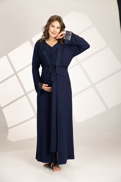 HAFSARA Lacivert Brodeli Sabahlıklı Lohsa Gecelik Takımı