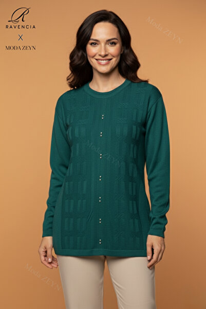 Ravencia Women's Crew Neck Stretch Fabric Patterned Knitwear Nefti Mother Sweater