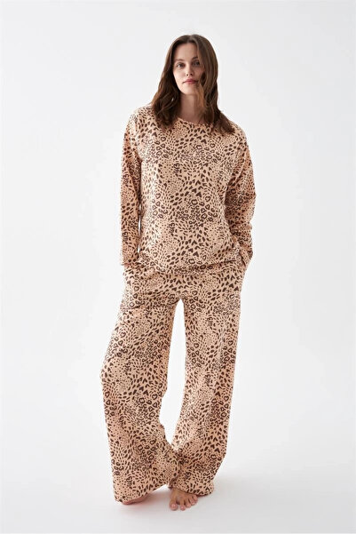 ALFA AKSESUAR 03 Clothing Women Oversized Beige Leopard Pattern Cotton Thick Pajamas Set