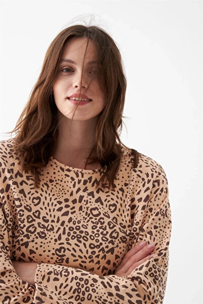 ALFA AKSESUAR 03 Clothing Women Oversized Beige Leopard Pattern Cotton Thick Pajamas Set