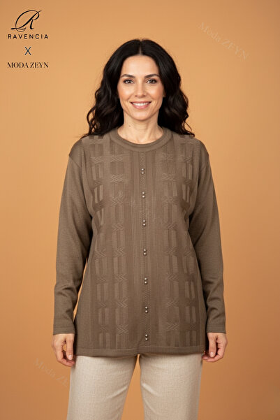 Ravencia Women's Crew Neck Stretch Fabric Patterned Knitwear Mother Sweater