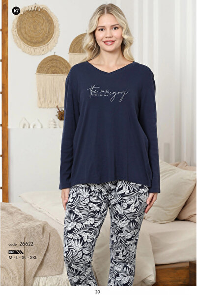 ALFA AKSESUAR 03 Limissi Women's V-Neck Top Navy Blue Pajama Set 26622