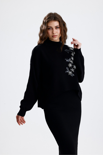 markazzi Set de tricotaje pentru femei, ecru, cu detaliu de mărgele, pulover bolero, rochie cu bretele în partea de jos