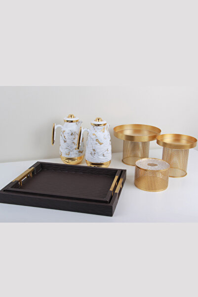 Generic Cake and dessert stand set + serving tray set + tea and coffee thermos set + tissue box holder in a luxurious royal design