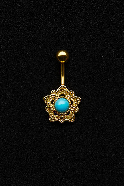 ömay takı Antik Çiçek Turkuaz Altın 316l Cerrahi ÇelikGöbek Piercing