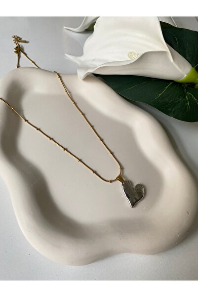 BusradanDesign قلادة فولاذية بتفاصيل على شكل قلب مزدوجة اللون 45 سم