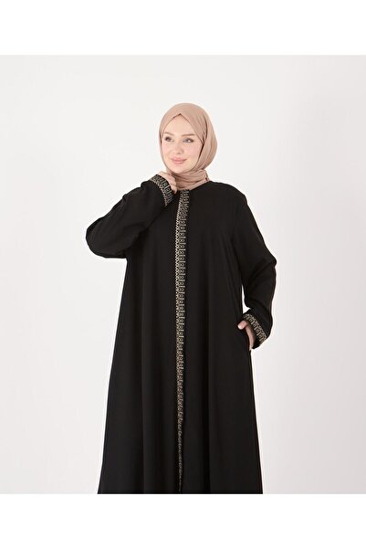 EM&FA TEKSTİL Büyük Beden Medine İpeği Sıhhı Terletmez Sarı Taş İşlemeli Ferace