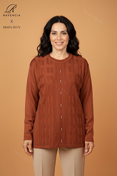 Ravencia Women's Crew Neck Stretch Fabric Patterned Knitwear Brick Color Mother Sweater