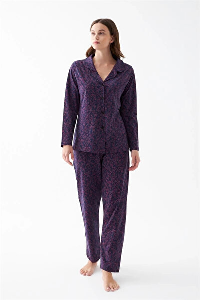 ALFA AKSESUAR 03 Clothing Women's Purple Buttoned Collar Detailed Patterned Cotton Pajama Set