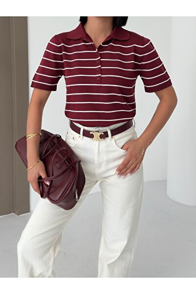 Shophia Polo Neck Striped Short Sleeve Women's Knitwear T-Shirt