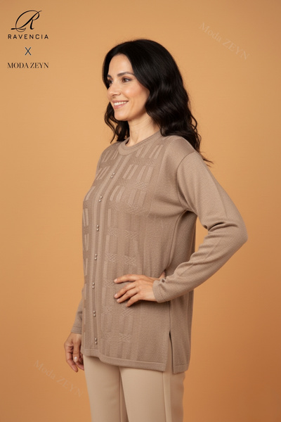 Ravencia Women's Crew Neck Stretch Fabric Patterned Knitwear Beige Mother Sweater