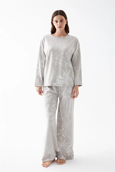 ALFA AKSESUAR 03 Clothing Women Oversized Gray Floral Pattern Cotton Thick Pajamas Set