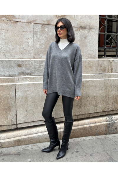 deqfashion Women's Anthracite V-Neck Oversize Loose Knit Sweater