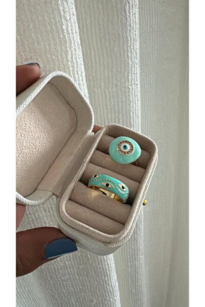 MeLunam Kadın Ayarlanabilir Model Gold Ve su yeşili Mineli Zirkon Taş Detaylı Yüzük Set