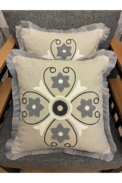 Mustgross Bohemian Linen Punch Embroidered Fringed Throw Pillow Cover 43X43 cm 2 Pieces - Decorative Pillowcase