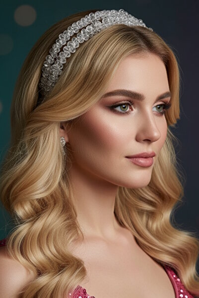 CAŞ DEKORASYON Ασημί Χρώμα Κρυστάλλινο Στέμμα Νυφικού Αρραβώνα με Χάντρες