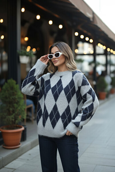 SeusCraft Pulover tricotat cu model Haley Baklava pentru femei - Gri, bleumar...