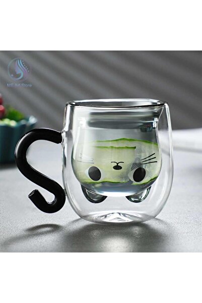 ÇARŞI HANEM Kitten Designed Double Wall Glass Mug with Handle 330ml Gift Kitten Cup Double Glass