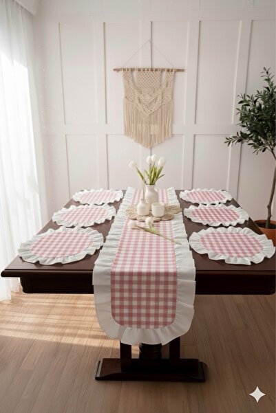 Uçkan home Ruffled Plaid 1 Runner 6 American Service Tablecloth Set - 7-Piece Dowry Set