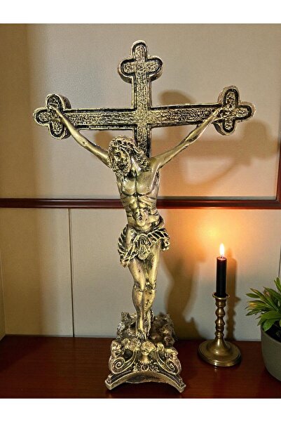 Asis Art Galery ÇARMIHLI İSA HEYKELİ- GOLD- DEKORATİF BİBLO HEDİYELİK EŞYA