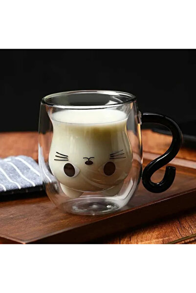 ÇARŞI HANEM Kitten Designed Double Wall Glass Mug with Handle 330ml Gift Kitten Cup Double Glass