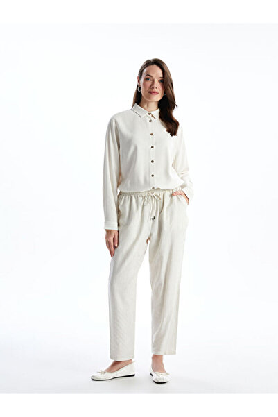 LC Waikiki Elastic Waist Striped Linen Blended Women's Trousers